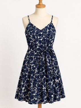 Brooks Brothers Navy White Floral Cotton Sundress Belted Size 14